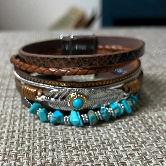 Bracelet, Turquoise& Brown, 7.5”x 1”, NIP, magnetic closure, Unisex, multi strap - Picture 8 of 8